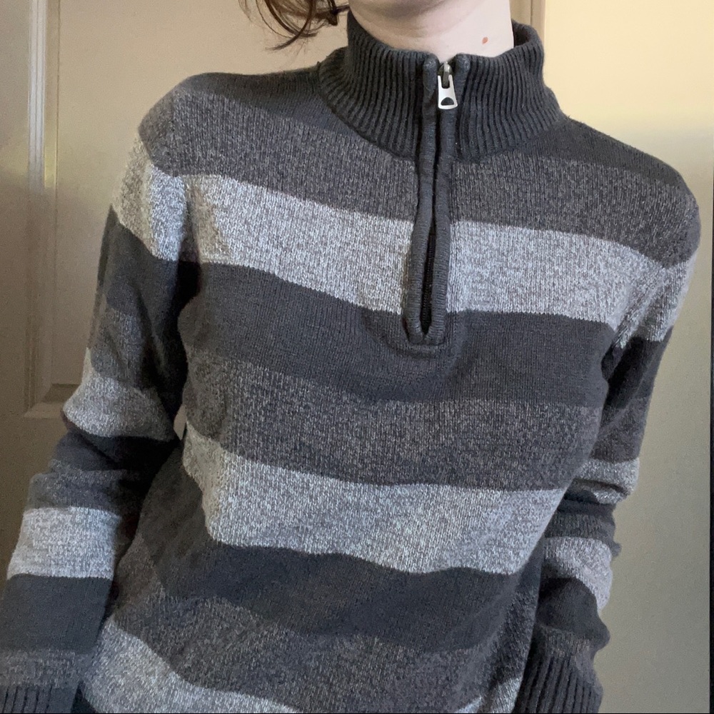 Gray striped quarter zip knit sweater